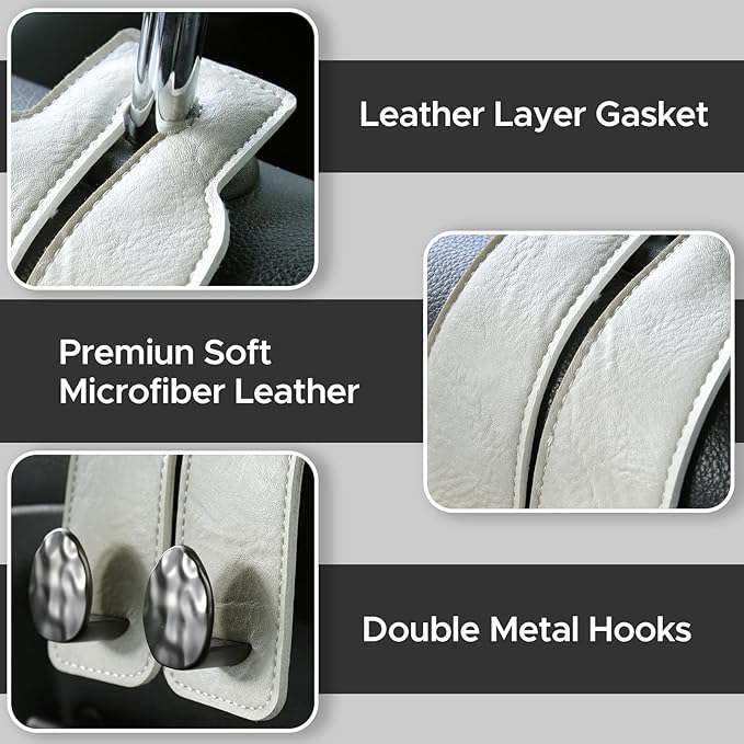 2PCS Leather Car Seat Hooks for Headrest, Vehicle Hanger Storage Organizer Universal for Handbag Purse, Car Accessories Gift (White-Black)