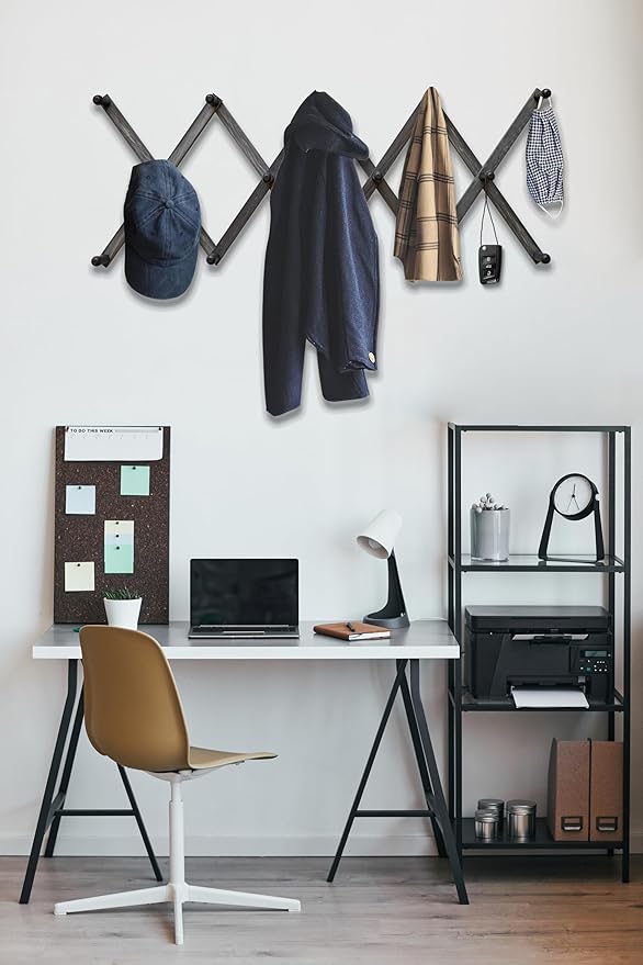 Mercurial Trade Expandable Wooden Coat Rack Hanger - Large Accordion Hanger with Expanding Pegs | Hand Made Rustic Wooden Hat Rack for Wall | Hang Coat, Jacket, Hat – 14 Hook, Distressed Black