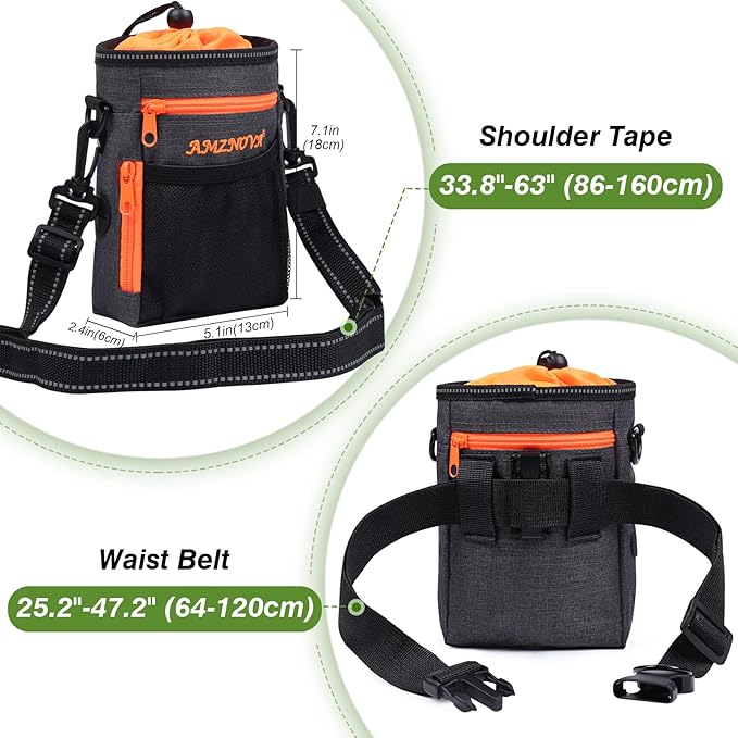AMZNOVA Dog Treat Bag Treatkit Dog Treat Pouch, Waist Clip On Crossbody Fanny Pack for Pet, Training Pouch with Shoulder Strap & Waist Belt for Walking & Training, 6Cups, Heather Black