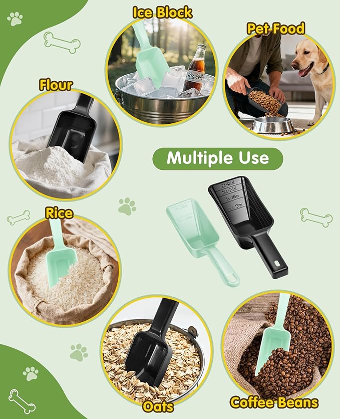 GNEOCO 2 Pack Dog Food Scoop with 1 Cup and 2 Cup Capacity, Plastic Pet Food Measuring Scoops with Clear Measurement Lines for Dogs, Cats & More,Dishwasher safe (Green and Black)