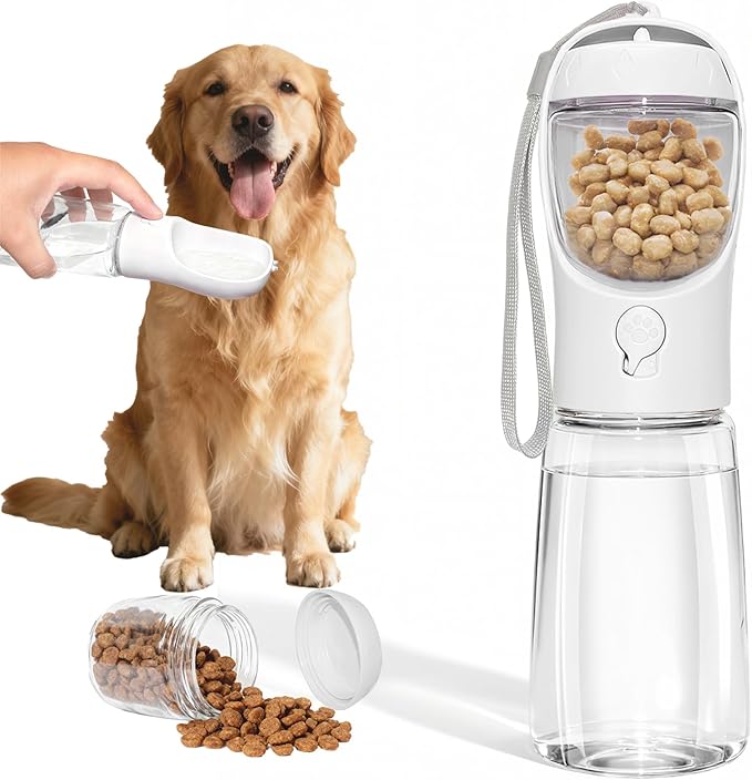 Portable Dog Water Bottle with Food Container, BPA Free Travel Water Bottle for Dogs, 2-in-1 Dispenser Drinking Feeder for Pets Walking, Hiking, Travel, Puppy Essentials, White, 19oz