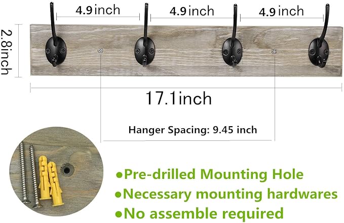 Sageme Wall Mounted Coat Rack, Wooden Entryway Vintage Rustic Coat Rack Hat Hanger Rack Zinc die-cast 4-Hook Rail for The Entryway, Bathroom, Bedroom, Kitchen, Mudroom Pinewood Alloy 4-Hook