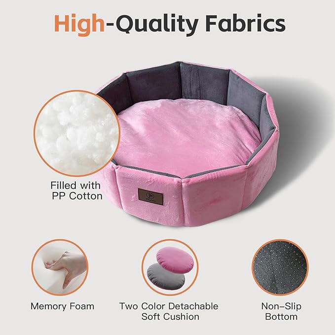 PJYuCien Cat Bed Kitten Bed, Washable Round Cat Beds for Indoor Cats, Super Soft Faux Rabbit Fur Small Bed for Puppy and Kitten, Fluffy Inner Mat Filling Memory Foam with Anti-Slip Bottom (Pink)
