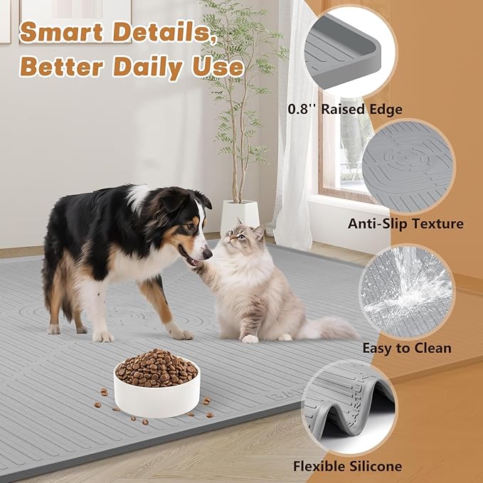 Lorvain Dog Food Mat, 45" x 30" Silicone Pet Feeding Mat with Raised Edges, Extra Large Pet Placemat for Dog Cat Food and Water Bowl Non-Slip, Easy to Clean, Waterproof & Floor Protection, Grey