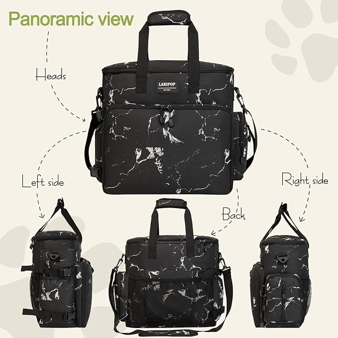 LARIPOP Dog Travel Bag,Weekend Pet Travel Bag Set,Airline Approved Tote,Multi-Function Dog Bags for Traveling,Include 2 Collapsible Bowls,2 Food Storage Containers,1 Feeding Mat,Marble