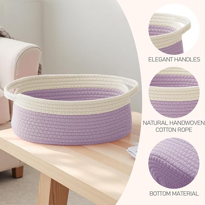 JMvicyroam Woven Basket,Small Rope Storage Bin with Handles & Ribbon Bag, Organizer for Shelves Closets,Gift Basket Empty for Birthday,Books,Dog Toys, White&Purple/2 Pack