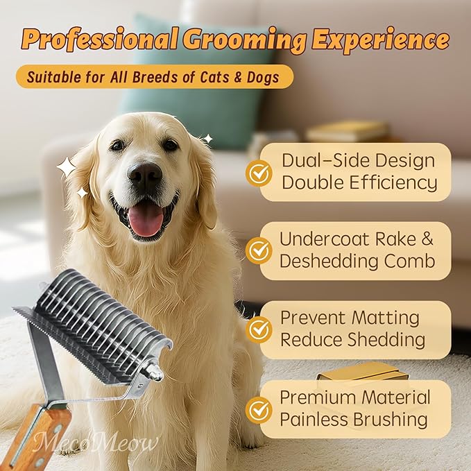 MecoMeow 3 in 1 Undercoat Rake for Cats- Professional Pet Dematting & Deshedding, Efficiently Remove Loose Hair & Matted Fur, Professional Shedding Comb for Indoor & Long Haired Cats Dogs