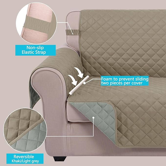 U-NICE HOME Recliner Chair Covers Reversible Chair Cover Pet Covers for Dogs with Elastic Straps Water Resistant Diamond Quilted (23''Armchair, Khaki/Light Grey)