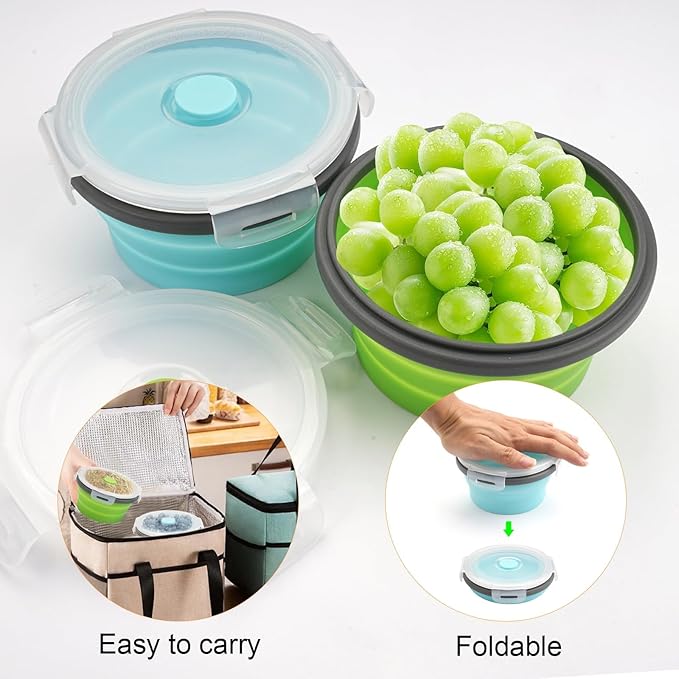 2-Pack Collapsible Bowls with Lids, Reusable Silicone Food Storage Containers for Meal Prep, Camping Must Haves Accessories Green Blue, Microwave Freezer Safe Dishwasher Safe Leak Proof