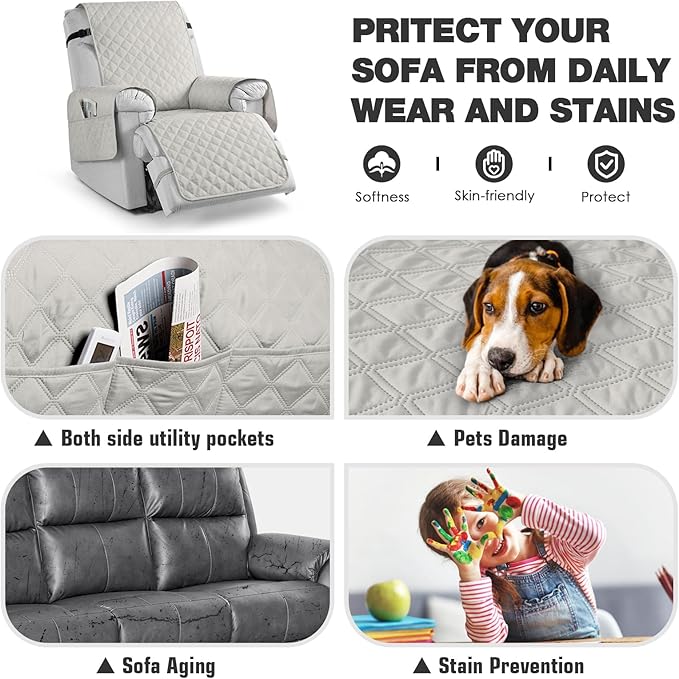 TAOCOCO Non-Slip Recliner Chair Cover Sofa Slipcover, Pet Cover for Large Recliner with Elastic Straps, Washable Chair Seat Cover Recliner Chair Furniture Protector (28'' Oversized, Off White)