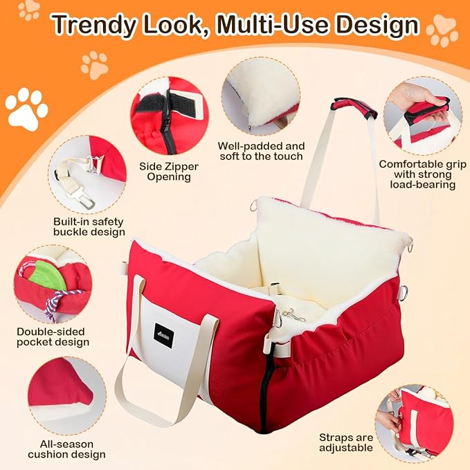 Dog Car Seat for Small Dogs with Extension Zone, Portable Washable Travel Bed for Pets up to 30 lbs, Booster Seat for Front Seat & Camping, Includes Harness Clip – Red
