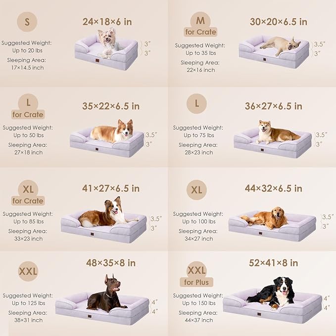 EHEYCIGA Orthopedic Dog Beds for Large Dogs, Waterproof Memory Foam Large Pet Bed with Sides, Non-Slip Bottom and Egg-Crate Foam Dog Couch Bed with Washable Removable Cover, Lilac