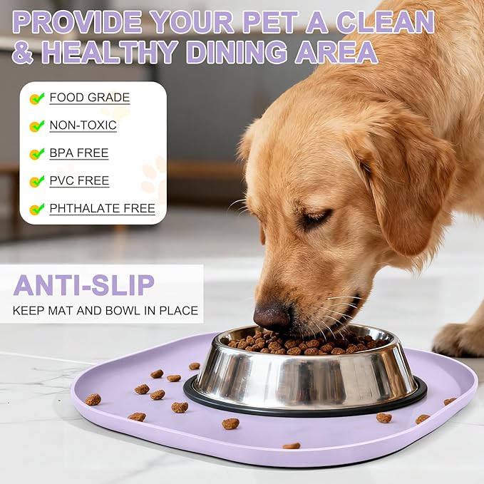 SMILOOL Silicone Pet Feeding Mat with Raised Edge for Food and Water, Dog Bowl Mats, Cat Bowls Placemat with High Lip for Floor Waterproof, Rubber Tray for Cats and Dogs 12 x 12 x 0.7 Light Purple