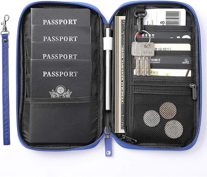 VanFn RFID Travel Passport Wallet, Family Passport Holder, Trip Document Organizer P.Travel Series (Nylon - Blue)