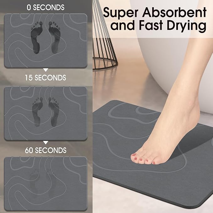 Stone Bath Mat Diatomaceous Earth Shower Mat Non-Slip Super Absorbent Diatomite Stone Mats for Bathroom Floor Quick-Drying Easy to Clean (24''*16'' Grey)