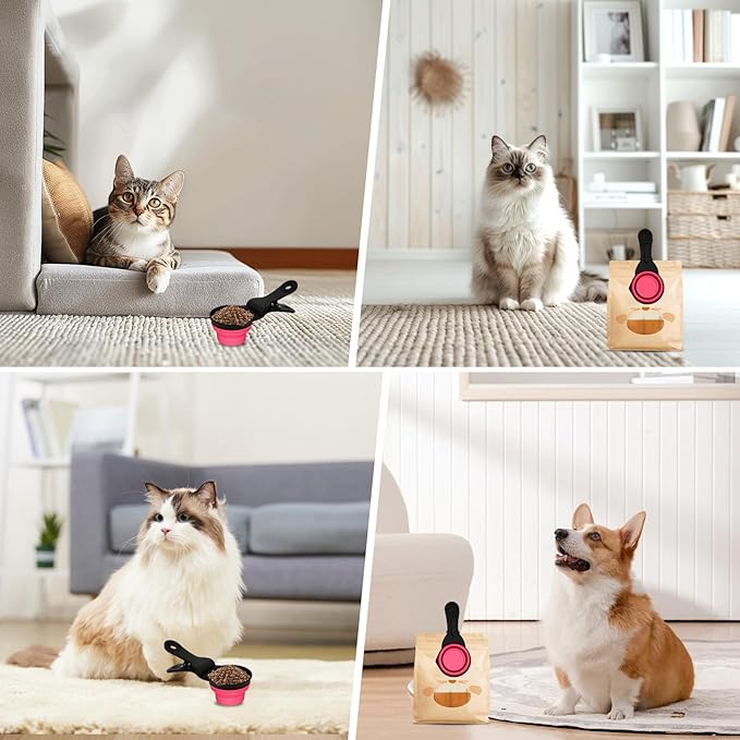 PNEUICALLY Collapsible Dog Food Scoop Foldable Pet Food Bag Clip 3 in 1 Multi-function Silicone Cat Food Measuring Cup Scoop Dog Food Scooper Pet Food Storage Clip (Rose Red, 1/2 Cup Capacity(1 Pack))