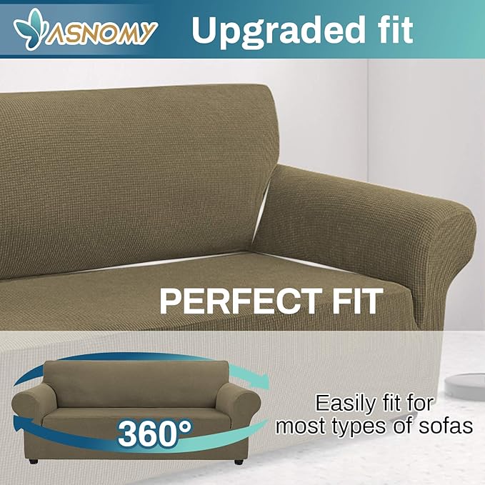 Asnomy Couch Covers for 3 Cushion Couch Stretch Sofa Covers Slipcovers, Pet Protector Furniture Covers for Dogs Cats Spandex Jacquard Fabric Small Checks（X-Large，Khaki）