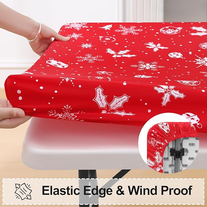 misaya Rectangle Vinyl Tablecloth, Fitted Table Cover, 100% Waterproof, Elastic Edge, Flannel Backing, Plastic Table Cloth Fit 8 Foot Folding Tables for Christmas Dinner (Bells, 30x96 inch)