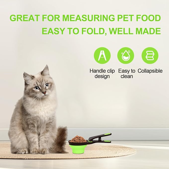 PNEUICALLY Collapsible Silicone Dog Food Scoop Foldable Pet Food Measuring Cup with Bag Clip 3 in 1 Multi-Function Silicone Dog Food Scooper (Green, Small)