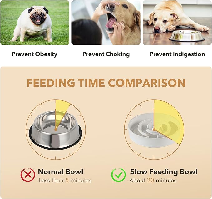 Ceramic 1.2 Cup Raised Slow Feeder Dog Bowl Set, Elevated Acacia Wood Stand for Medium and Small Dog, 7.3inch Slow Dish, Stop Bloat(Single Bowl+ Stand, Reactived Glaze -White)