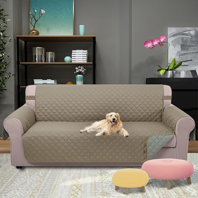 U-NICE HOME 4 Seater Sofa Cover 91 Inch Large Couch Covers for 4 Cushion Couch with Elastic Straps Water Resistant Furniture Protector for Pets (Sofa XX-Large, Khaki/Light Grey)