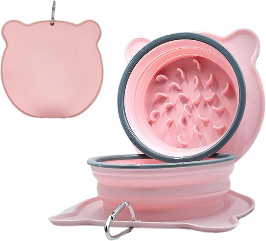 Collapsible Dog Bowls, 2-in-1 Silicone Pet Food and Water Bowl with Carabiner - Portable Double Compartment Travel Dish for Dogs, Ideal for Camping, Hiking, Car Rides, Puppy Essentials(Pink)