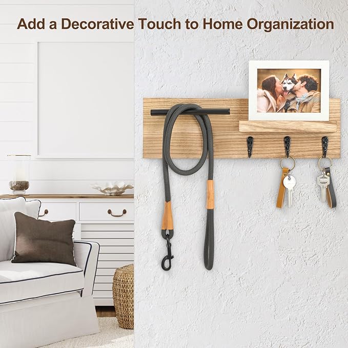 Lucundm Key Holder for Wall, Decorative Entryway Shelf with Hooks Holds Keys, Dog Leash, Sunglasses – Key Hanger with 3 Hooks Organizes, Enhances Home Decor (15” x 4.5” x 2.6”) (Wood)