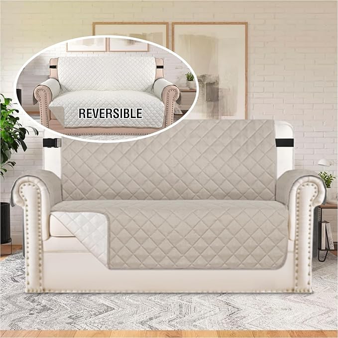 H.VERSAILTEX Reversible Couch Cover for 2 Cushion Couch Water Resistant Loveseat Washable Furniture Cover with Non-Slip Elastic Strap for Dogs, Pets, Kids(Oversized Loveseat, Pale Oak)