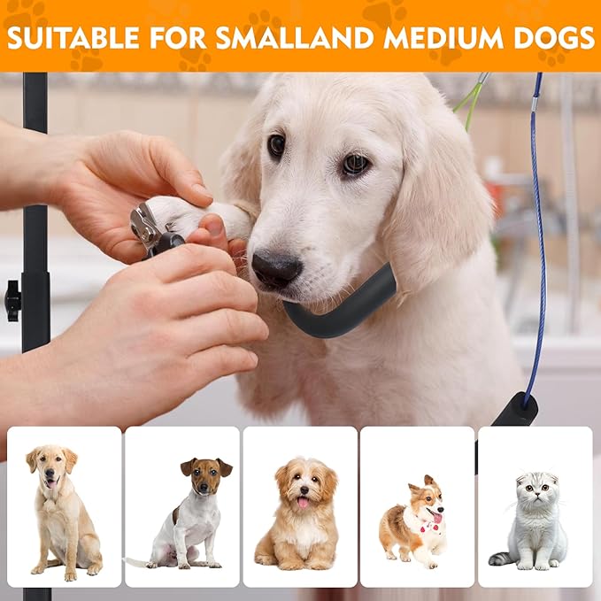 Dog Grooming Arm with Heavy-Duty Clamp, 28" to 44" Height, Adjustable Dog Grooming Table Arm with Hammock and No-Sit Holder, Grooming Restraint for Small Medium Large Dogs at Home or Salon