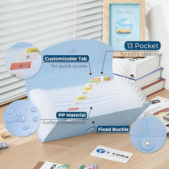 Y YOMA 4 Pack Coupon Organizer with 13 Pocket | Plastic Travel-Friendly Accordion Receipt Holder 10” x5.5” Expanding Folder for Small Bill Business Cards Tax Item Ticket, Pastel Design