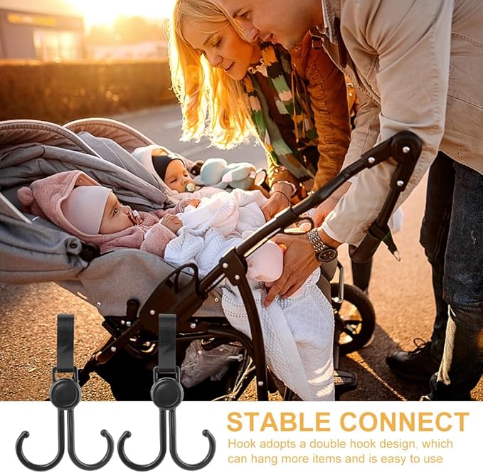 3pcs Stroller Connector with 2pcs Stroller Hook, Connector for Toddlers, Quick Release Adjustable Length with Hook Stroller Connector Set Twins(Black)