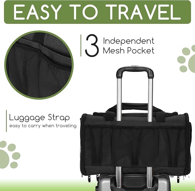 Pet Carrier for Cats & Small Dogs, Travel Carrier with Anti-Collapse Support, Chew Resistant Buckles, Luggage Sleeve, Multi-Pocket Storage, Reversible Mat & Bowl (Black, Medium (17.5"x11"x11.5"))