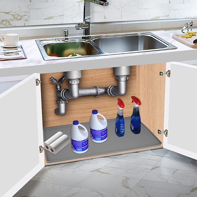 Under Sink Mats for Kitchen Waterproof, 28" x 22" Silicone Under Sink Liner Kitchen & Bathroom Cabinet Protector Mat, Heavy Duty Flexible Under Sink Drip Tray with Lip, Cool Grey