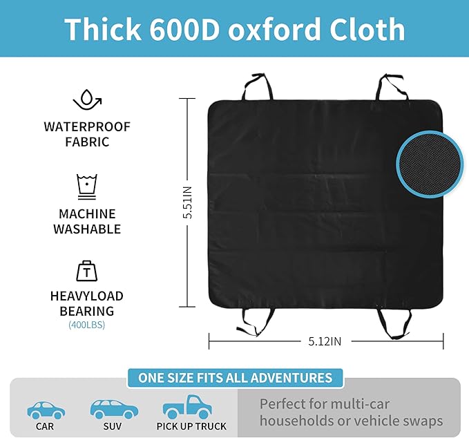 Dog Hammock Car Seat Cover - 100% Waterproof 600D Heavy Duty | Scratch-Proof Nonslip Back Seat Protector with Side Flaps for Cars, Trucks, SUVs (Black/Thin)