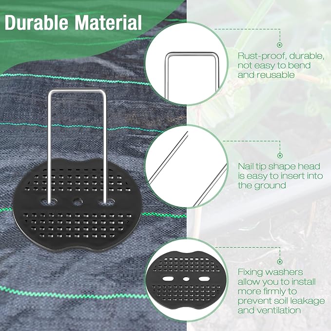 RAOOKIF Landscape Staples 12 Inch, 50 Pcs Galvanized Landscape Stakes with 50 Pcs Gaskets, 11 Gauge Heavy Duty U-Shaped Garden Staples for Weed Barrier Fabric, Tent, Lawn, Fence, Outdoor Decor