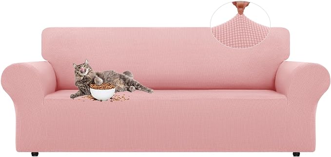 LURKA Stretch Sofa Slipcovers 1 Piece Couch Covers for 3 Cushion Couch Sofa Furniture Protector Full Sofa Covers with Elastic Bottom for Kids and Dog (Large, Pink)