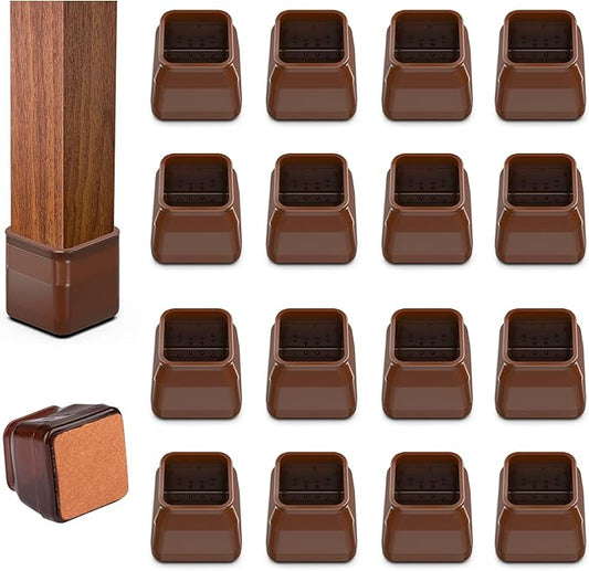 16pcs Square Chair Leg Floor Protectors, Felt Pads Chair Leg Protectors for Hardwood Floors, Silicone Furniture Feet Cups Covers Felt Pads, Prevents Scratches & Reduce Noise, Brown, Small