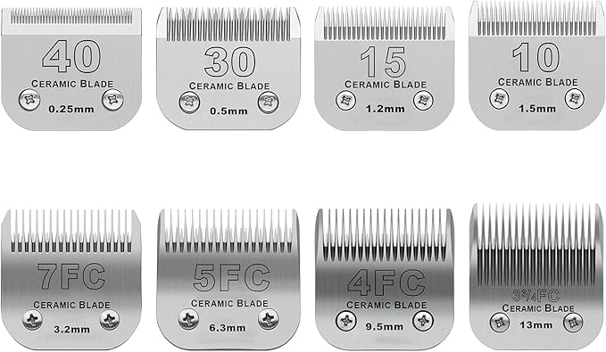 DODAER Size 40/30/15/10/7FC/5FC/4FC/3FC Detachable Pet Dog Grooming Clipper Ceramic Blades Set,Compatible with Andis,Oster A5,Wahl KM10 Series Clippers,Cut Length 1/100"(0.25mm) to 1/2"(13mm),8 Pack
