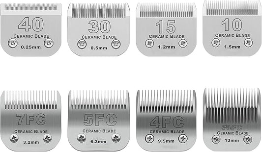 DODAER Size 40/30/15/10/7FC/5FC/4FC/3FC Detachable Pet Dog Grooming Clipper Ceramic Blades Set,Compatible with Andis,Oster A5,Wahl KM10 Series Clippers,Cut Length 1/100"(0.25mm) to 1/2"(13mm),8 Pack