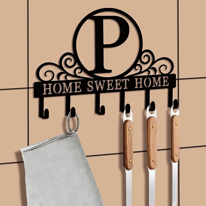 Metal Letter P Key Holder for Wall, Monogram Coat Rack Wall Mount, Key Hooks Perfect for Bathroom, Living Room, Kitchen, Office Ideal Wedding, Anniversary, Housewarming Gift (P)