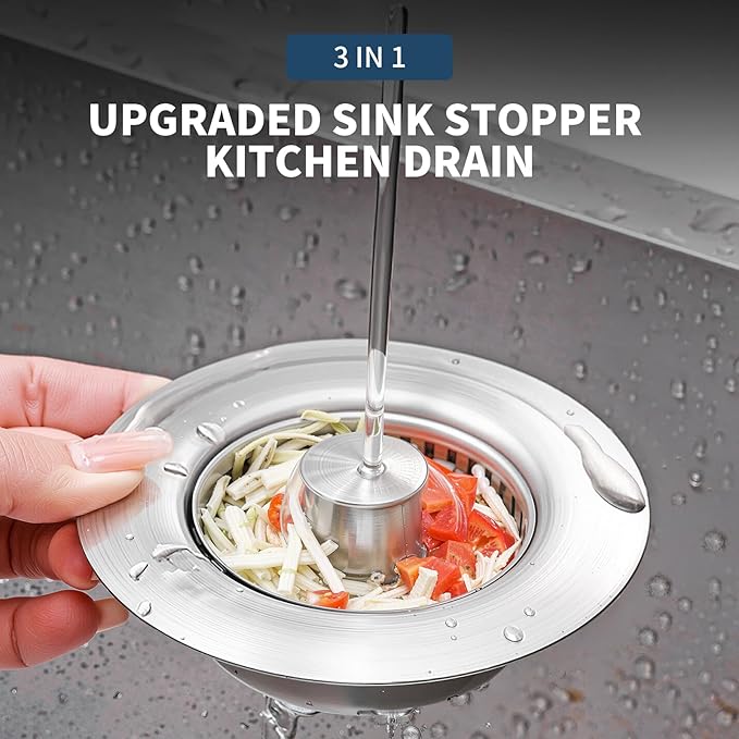 PROFECTUS 3 in 1 Kitchen Sink Drain Strainer and Stopper, 304 Stainless Steel Pop Up Sink Drain Stopper with Hair Catcher, Anti-Clog Sink Strainer for Standard 3-1/2” Kitchen Drains (SUS304 Brushed)