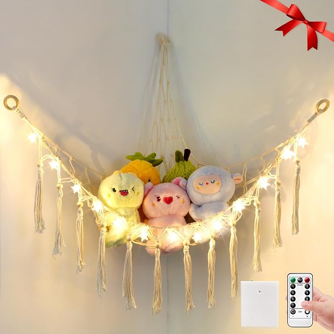 Stuffed Animal Hammock with 13LEDs Star Lights, 47in Toy Storage Macrame Hammock, Hanging Toy Net for Kids Bedroom Doll Room Corner Organizer, Battery Powered Toy Hammocks with Remote(Star, Large)