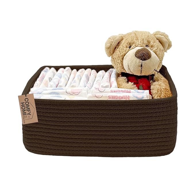 COMFY-HOMI 11.5"x7.5"x4.7" Storage Baskets for Organizing | Cotton Rope Woven Basket | Toy Storage Bin Box | Basket for Shelves, Closet Organizer Bin, Decorative Closet Shelf, 1 Pack dark brown