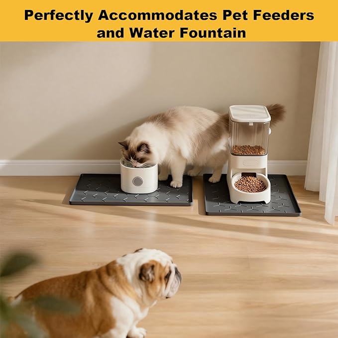 Pieviev Dog Cat Food Bowl Mat, Silicone Waterproof Food Grade Pet Food Mat for Floor, High Raised Edge to Prevent Spills, Non-Slip & Easy Clean Pet Placemat for Dog & Cat Bowls, 16''x12'', Dark Gray