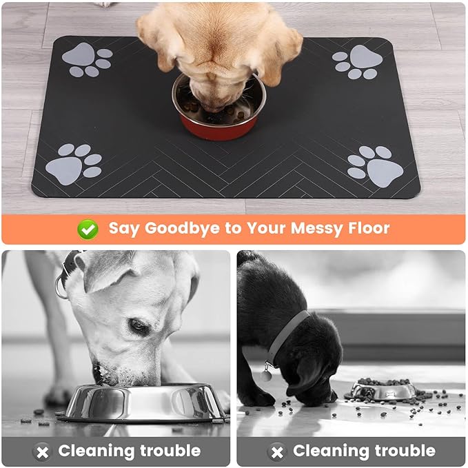 Pet Feeding Mat-Absorbent Pet Placemat for Food and Water Bowl, with Waterproof Rubber Backing, Quick Dry Water Dispenser Mat for Dog and Cat (20"x12", Striped Dark Gray)