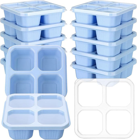 12 Pcs 4 Divided Compartments Snack Containers Bento Wheat Straw Snack Box with Lid Reusable Meal Prep Lunch Box Food Storage Containers for Adults Christmas Travel Work Gifts(Blue)