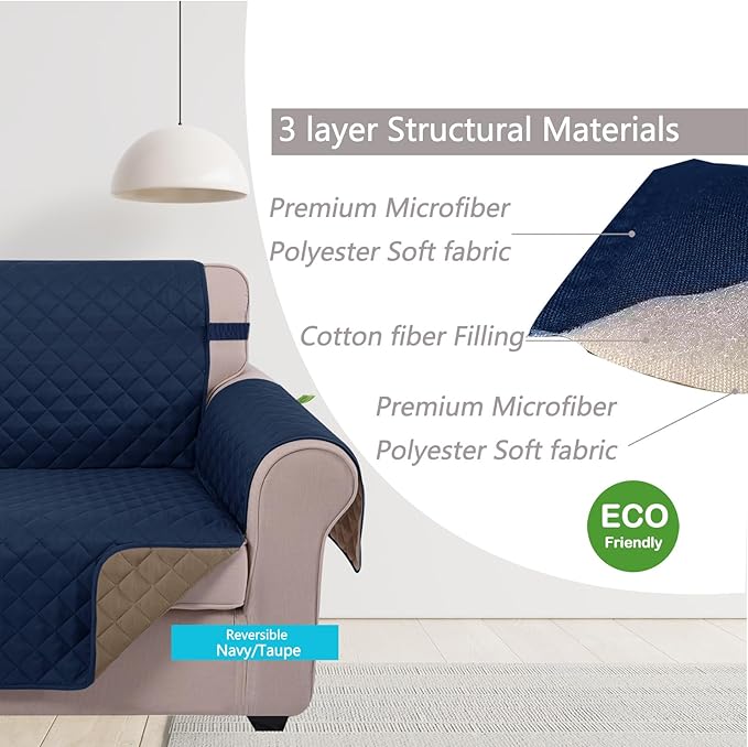 U-NICE HOME Reversible Oversized Chair Covers Quilted Water Repellent Pet Protectors with Elastic Straps (28''Armchair, Navy/Taupe)