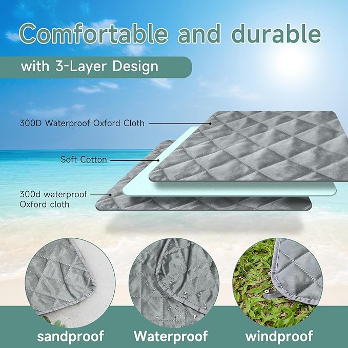 Waterproof Picnic Blanket, Lightweight 50” x 60” Foldable Sandproof Beach Blanket with Large Pocket, Portable Outdoor Camping Blanket Great Couples Gift Ideas, Gray Wavy