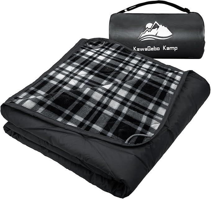 KawaGebo Kamp Outdoor Waterproof Blanket, Foldable Fleece Stadium Blanket for Outdoor Sports Event, Camping, Concerts, Car, Pet, Picnics - Windproof, Wearable, Machine Washable 80" x 58" (Black Check)