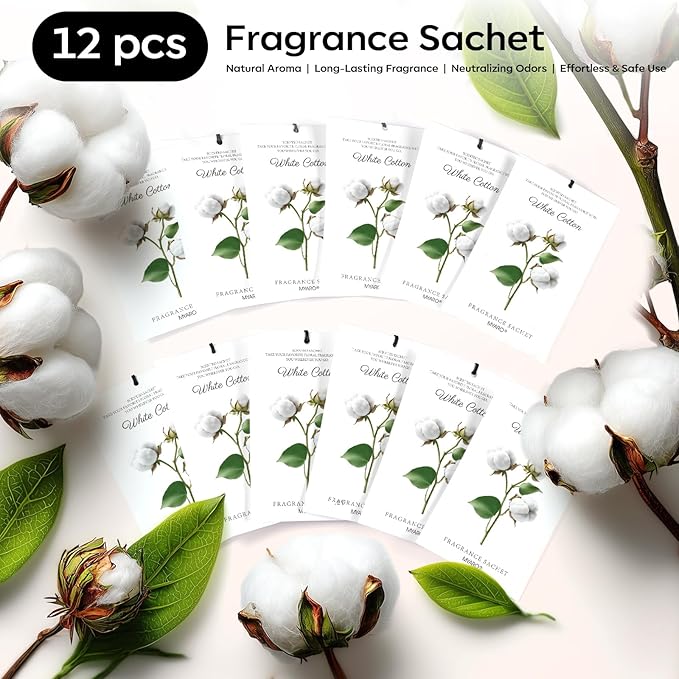 MYARO 12 Packs Scent Sachets for Closet Clothes Storage - White Cotton Fragrance Long Lasting Home Air Freshener Odor Deodorizer